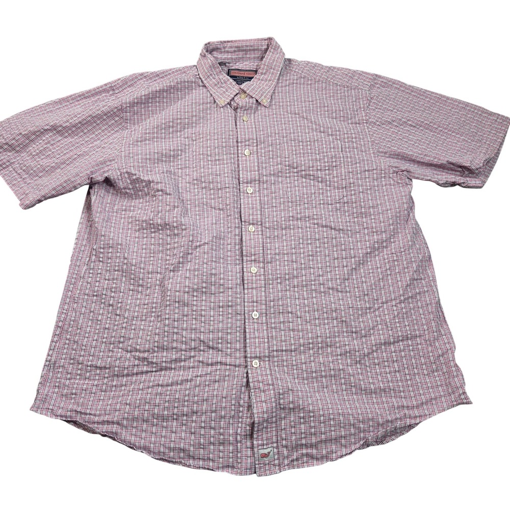 Vineyard Vines Murray Shirt Mens XL Pink Blue Plaid Seersucker Short Sleeve